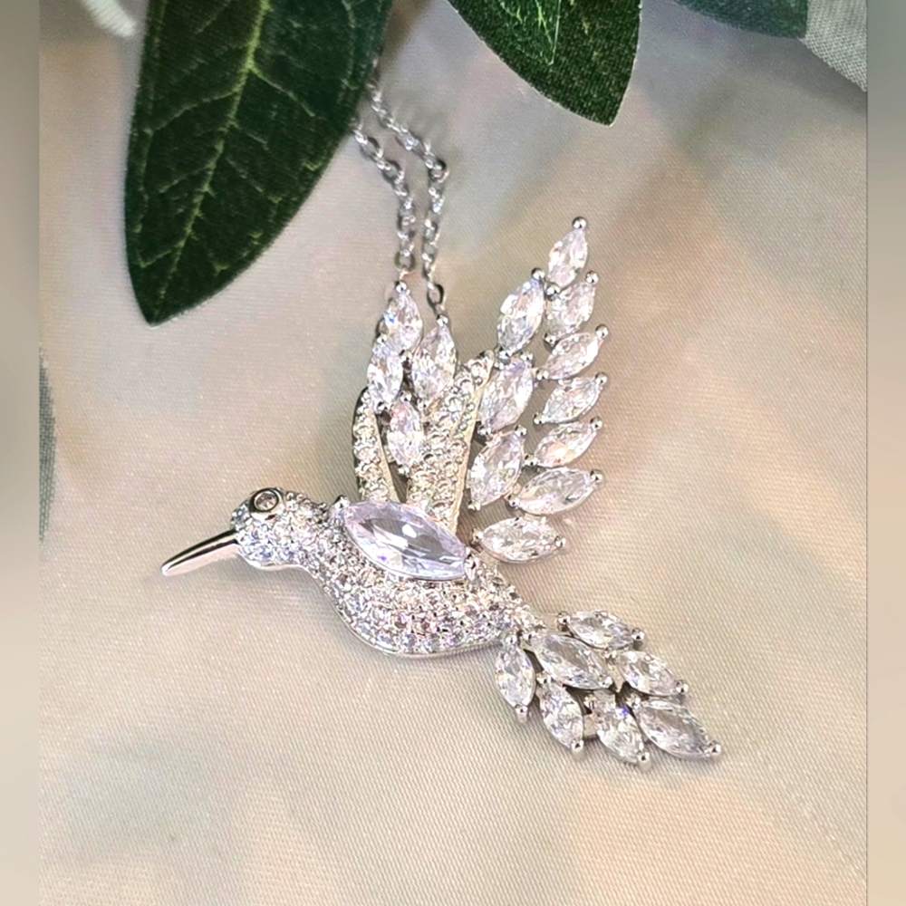 Silver Hummingbird CZ Pendant Necklace